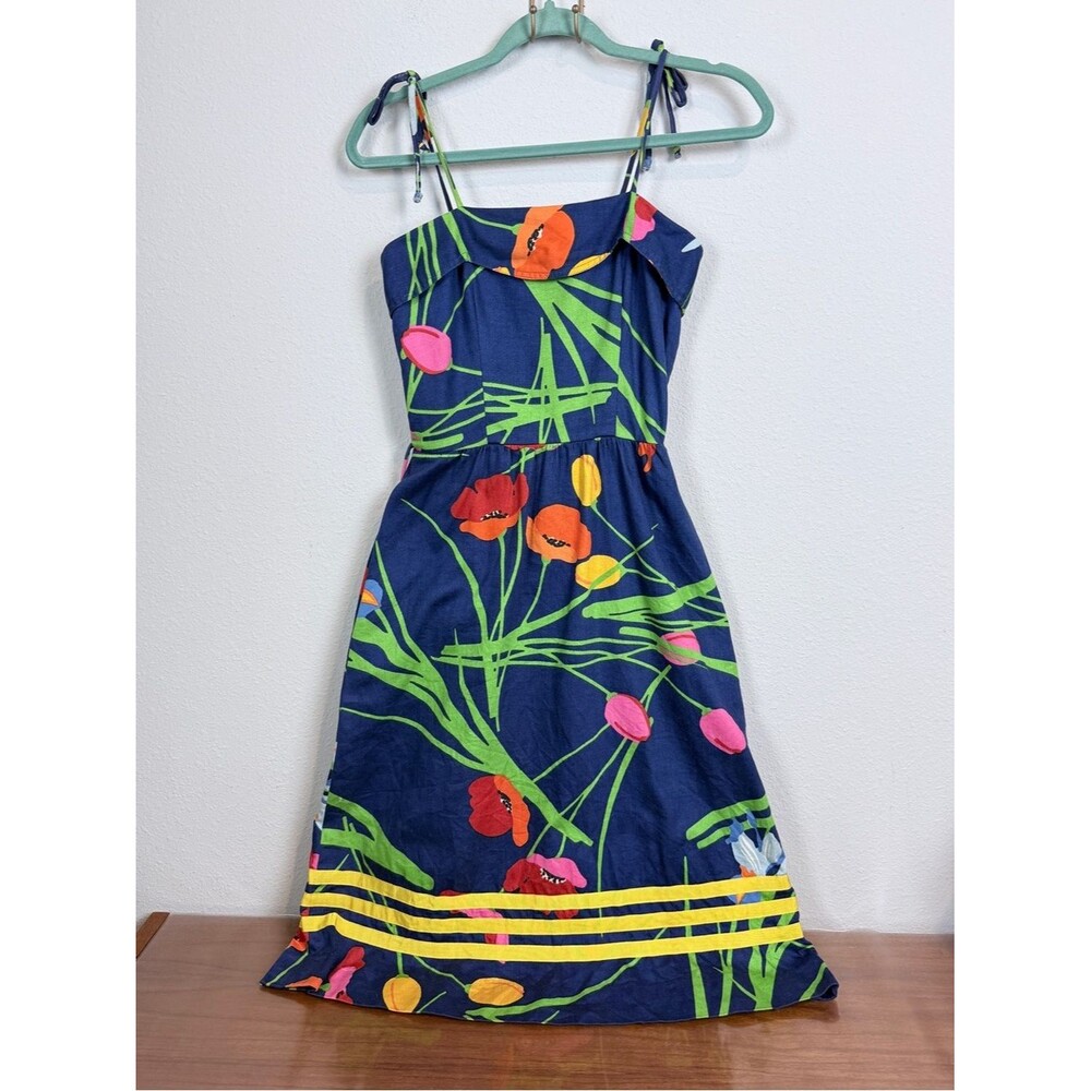 Vintage Blair Woolverton Women's Navy Floral Midi Tie Strap Sundress USA 4/XS